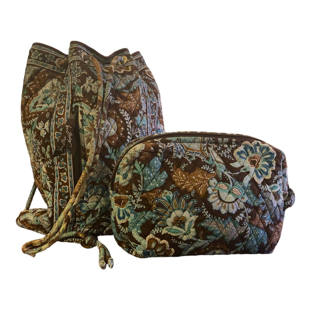 Vera Bradley Java Blue Quilted Cinch Sling Back Pack and Make Up Bag